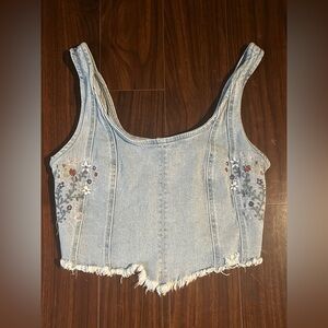 Indigo Rein Light Blue Denim Crop Top vest with Floral Embroidery